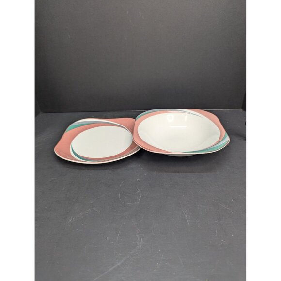 Sango Quadrille 5206 Pinwheel Pink Porcelain1 Rimmed Soup Bowl and 1 Salad Plate - Picture 4 of 7